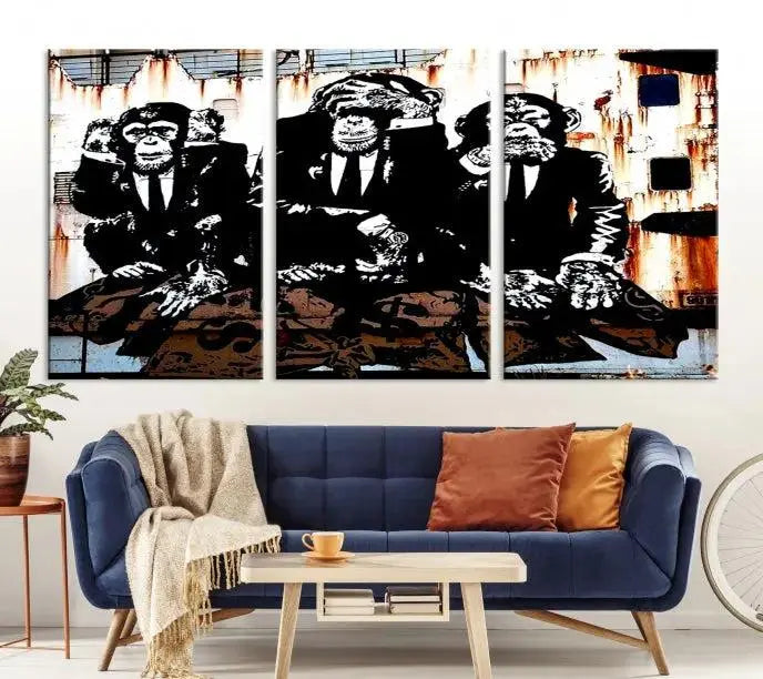 The 3 Wise Monkeys Wall Art Graffiti Wall Art Canvas Print, showcasing museum-quality craftsmanship and a UV-protective coating, is elegantly displayed.