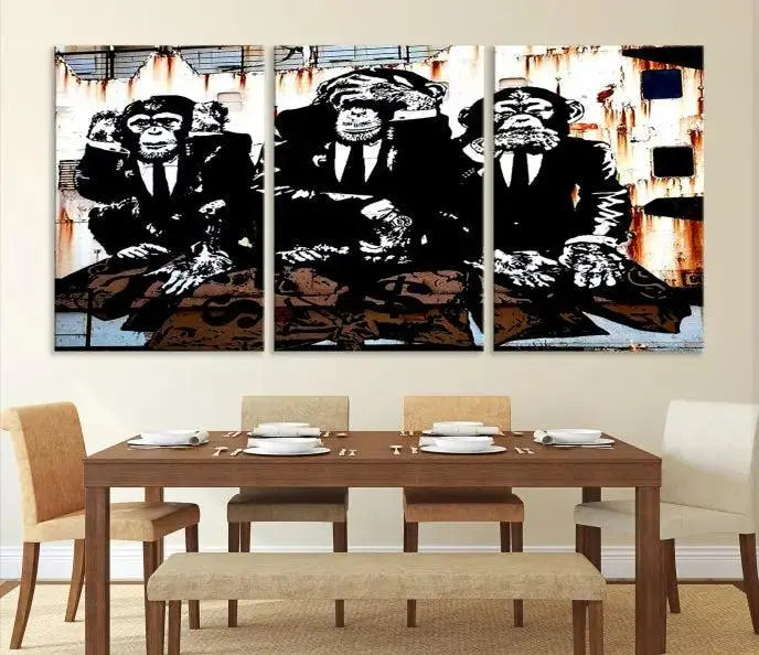 The 3 Wise Monkeys Wall Art Graffiti Wall Art Canvas Print, showcasing museum-quality craftsmanship and a UV-protective coating, is elegantly displayed.