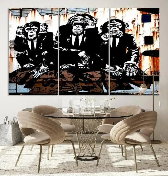 The 3 Wise Monkeys Wall Art Graffiti Wall Art Canvas Print, showcasing museum-quality craftsmanship and a UV-protective coating, is elegantly displayed.