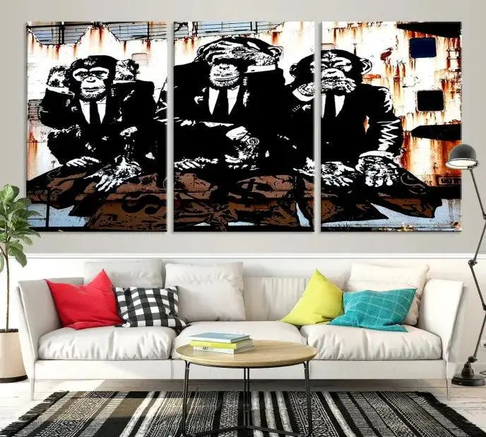 The 3 Wise Monkeys Wall Art Graffiti Wall Art Canvas Print, showcasing museum-quality craftsmanship and a UV-protective coating, is elegantly displayed.