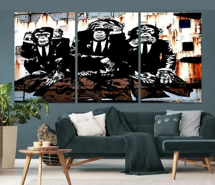 The 3 Wise Monkeys Wall Art Graffiti Wall Art Canvas Print, showcasing museum-quality craftsmanship and a UV-protective coating, is elegantly displayed.