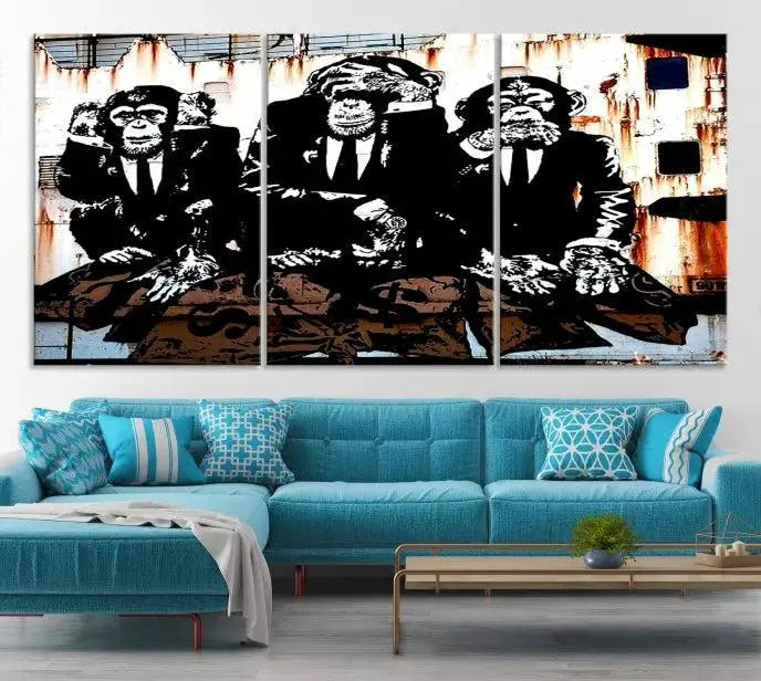 The 3 Wise Monkeys Wall Art Graffiti Wall Art Canvas Print, showcasing museum-quality craftsmanship and a UV-protective coating, is elegantly displayed.