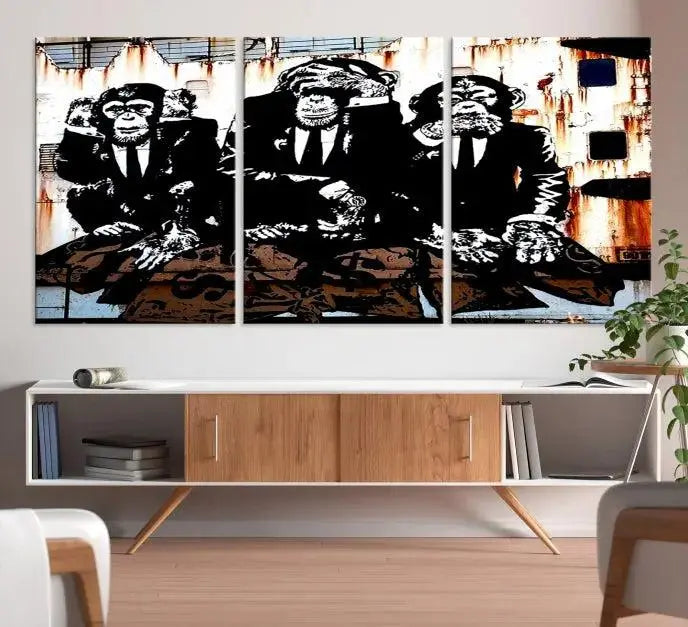 The 3 Wise Monkeys Wall Art Graffiti Wall Art Canvas Print, showcasing museum-quality craftsmanship and a UV-protective coating, is elegantly displayed.