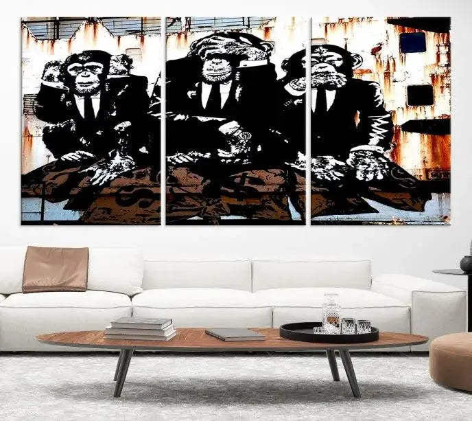 The 3 Wise Monkeys Wall Art Graffiti Wall Art Canvas Print, showcasing museum-quality craftsmanship and a UV-protective coating, is elegantly displayed.