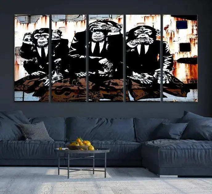 The 3 Wise Monkeys Wall Art Graffiti Wall Art Canvas Print, showcasing museum-quality craftsmanship and a UV-protective coating, is elegantly displayed.