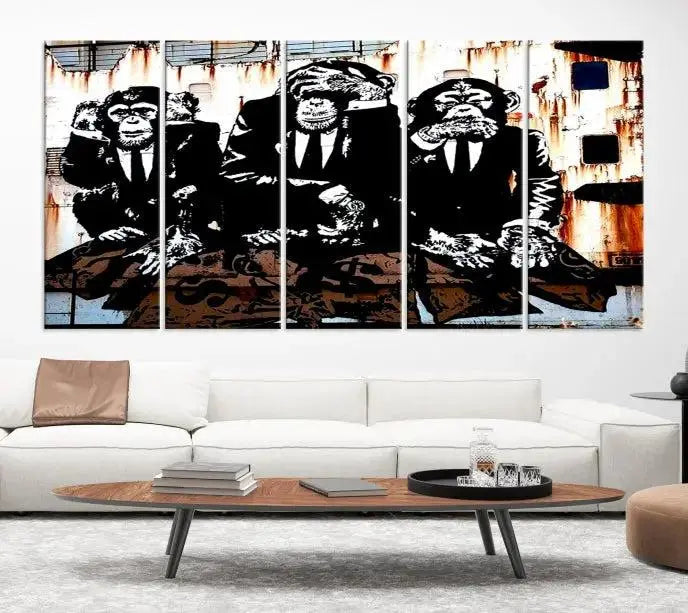 The 3 Wise Monkeys Wall Art Graffiti Wall Art Canvas Print, showcasing museum-quality craftsmanship and a UV-protective coating, is elegantly displayed.