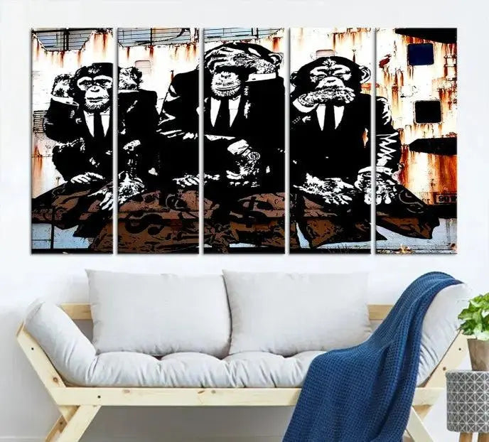 The 3 Wise Monkeys Wall Art Graffiti Wall Art Canvas Print, showcasing museum-quality craftsmanship and a UV-protective coating, is elegantly displayed.