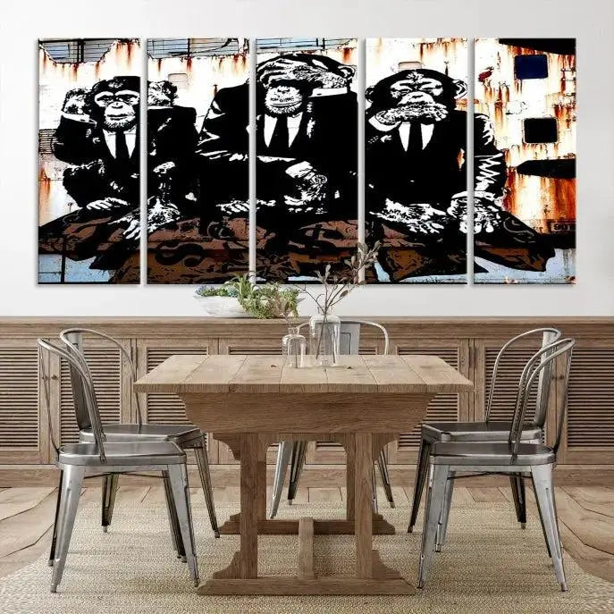 The 3 Wise Monkeys Wall Art Graffiti Wall Art Canvas Print, showcasing museum-quality craftsmanship and a UV-protective coating, is elegantly displayed.