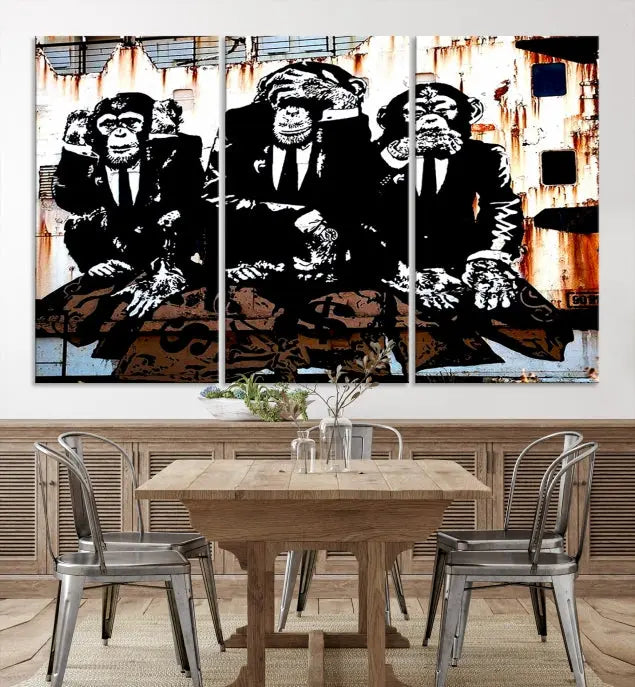 The 3 Wise Monkeys Wall Art Graffiti Wall Art Canvas Print, showcasing museum-quality craftsmanship and a UV-protective coating, is elegantly displayed.