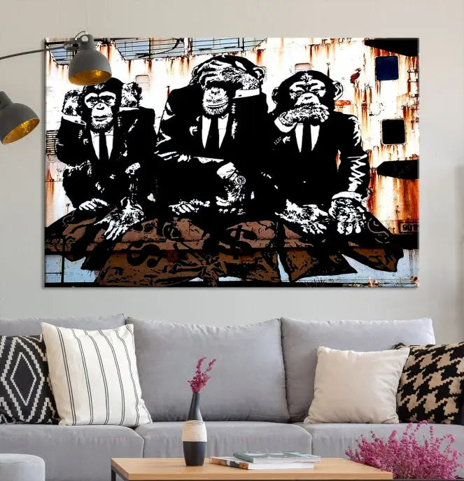 The 3 Wise Monkeys Wall Art Graffiti Wall Art Canvas Print, showcasing museum-quality craftsmanship and a UV-protective coating, is elegantly displayed.