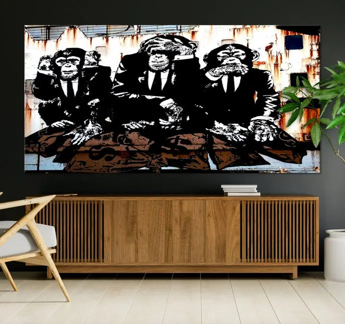 The 3 Wise Monkeys Wall Art Graffiti Wall Art Canvas Print, showcasing museum-quality craftsmanship and a UV-protective coating, is elegantly displayed.