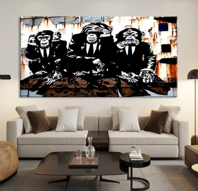 The 3 Wise Monkeys Wall Art Graffiti Wall Art Canvas Print, showcasing museum-quality craftsmanship and a UV-protective coating, is elegantly displayed.