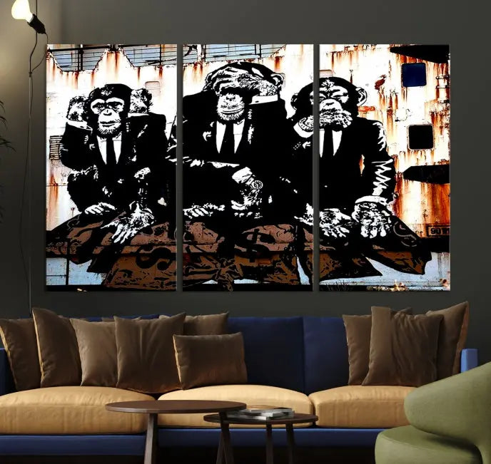 The 3 Wise Monkeys Wall Art Graffiti Wall Art Canvas Print, showcasing museum-quality craftsmanship and a UV-protective coating, is elegantly displayed.