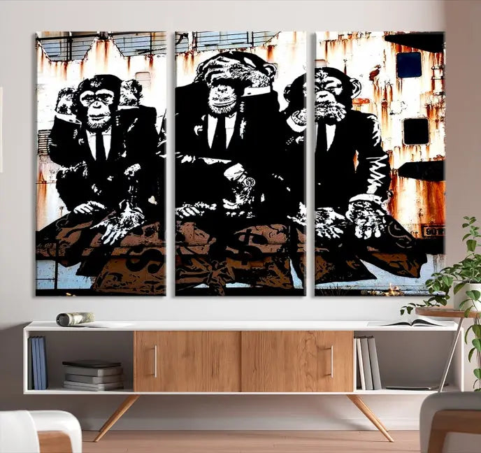 The 3 Wise Monkeys Wall Art Graffiti Wall Art Canvas Print, showcasing museum-quality craftsmanship and a UV-protective coating, is elegantly displayed.