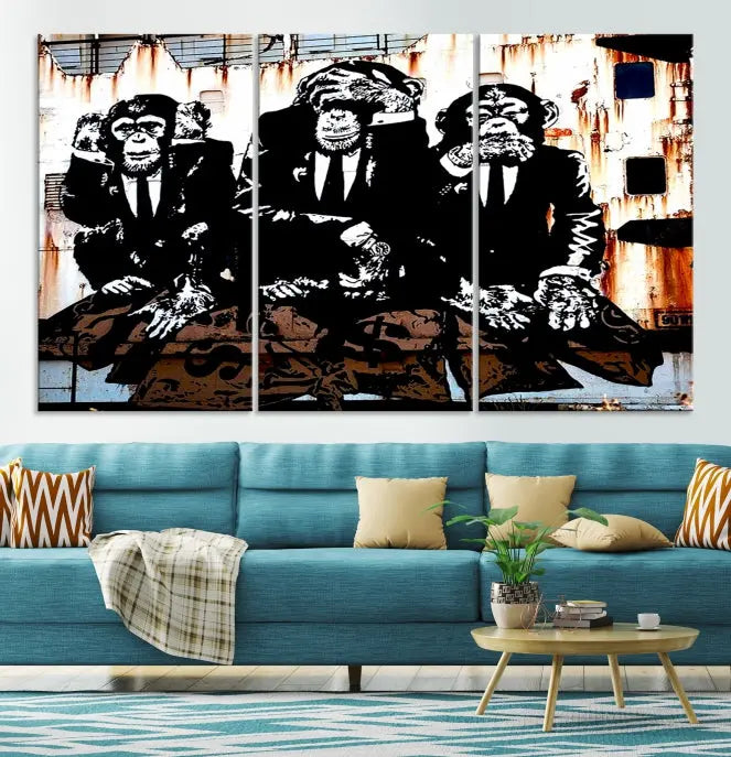 The 3 Wise Monkeys Wall Art Graffiti Wall Art Canvas Print, showcasing museum-quality craftsmanship and a UV-protective coating, is elegantly displayed.