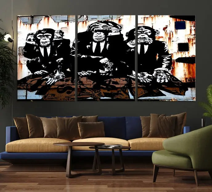 The 3 Wise Monkeys Wall Art Graffiti Wall Art Canvas Print, showcasing museum-quality craftsmanship and a UV-protective coating, is elegantly displayed.