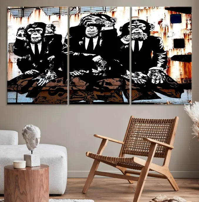 The 3 Wise Monkeys Wall Art Graffiti Wall Art Canvas Print, showcasing museum-quality craftsmanship and a UV-protective coating, is elegantly displayed.