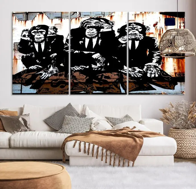 The 3 Wise Monkeys Wall Art Graffiti Wall Art Canvas Print, showcasing museum-quality craftsmanship and a UV-protective coating, is elegantly displayed.