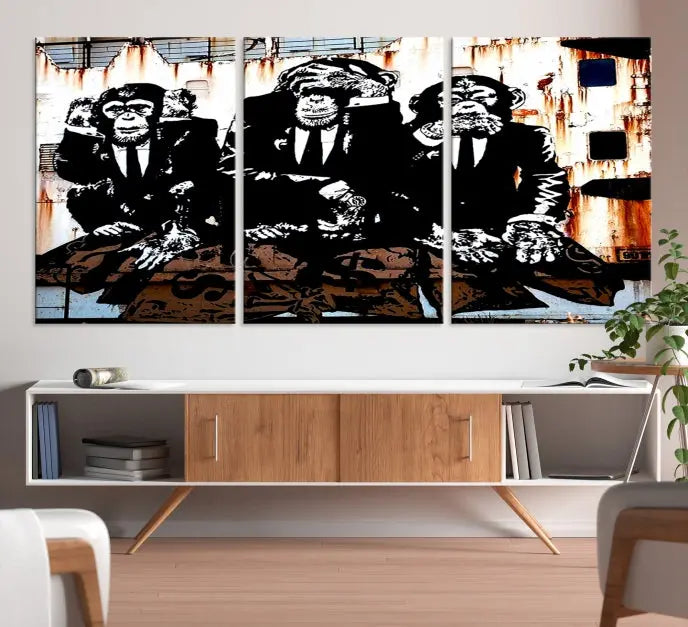 The 3 Wise Monkeys Wall Art Graffiti Wall Art Canvas Print, showcasing museum-quality craftsmanship and a UV-protective coating, is elegantly displayed.