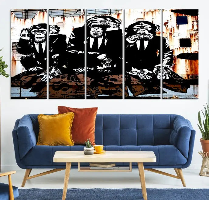 The 3 Wise Monkeys Wall Art Graffiti Wall Art Canvas Print, showcasing museum-quality craftsmanship and a UV-protective coating, is elegantly displayed.