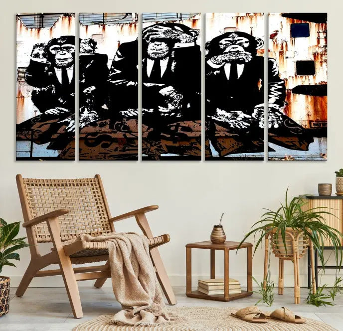 The 3 Wise Monkeys Wall Art Graffiti Wall Art Canvas Print, showcasing museum-quality craftsmanship and a UV-protective coating, is elegantly displayed.