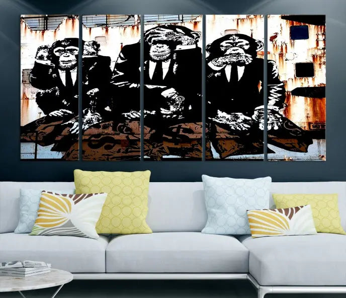 The 3 Wise Monkeys Wall Art Graffiti Wall Art Canvas Print, showcasing museum-quality craftsmanship and a UV-protective coating, is elegantly displayed.