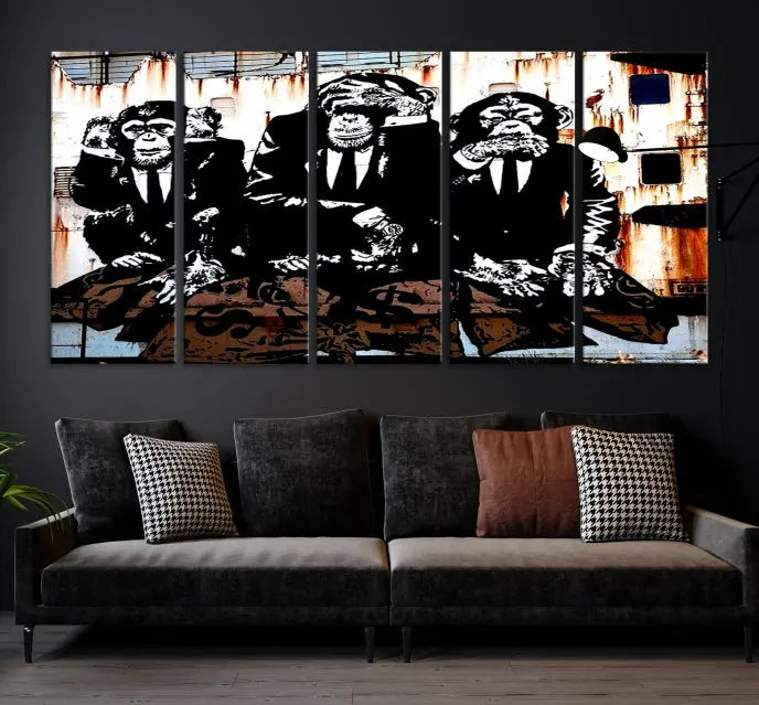 The 3 Wise Monkeys Wall Art Graffiti Wall Art Canvas Print, showcasing museum-quality craftsmanship and a UV-protective coating, is elegantly displayed.