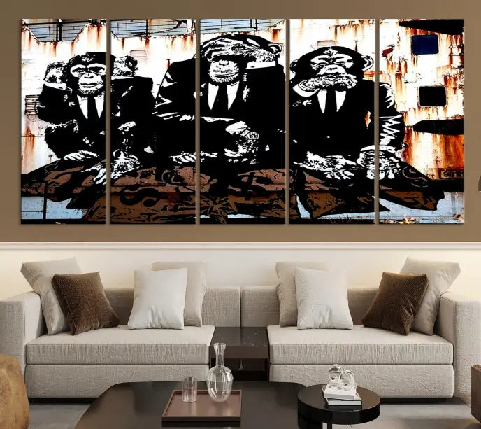 The 3 Wise Monkeys Wall Art Graffiti Wall Art Canvas Print, showcasing museum-quality craftsmanship and a UV-protective coating, is elegantly displayed.