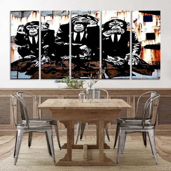 The 3 Wise Monkeys Wall Art Graffiti Wall Art Canvas Print, showcasing museum-quality craftsmanship and a UV-protective coating, is elegantly displayed.