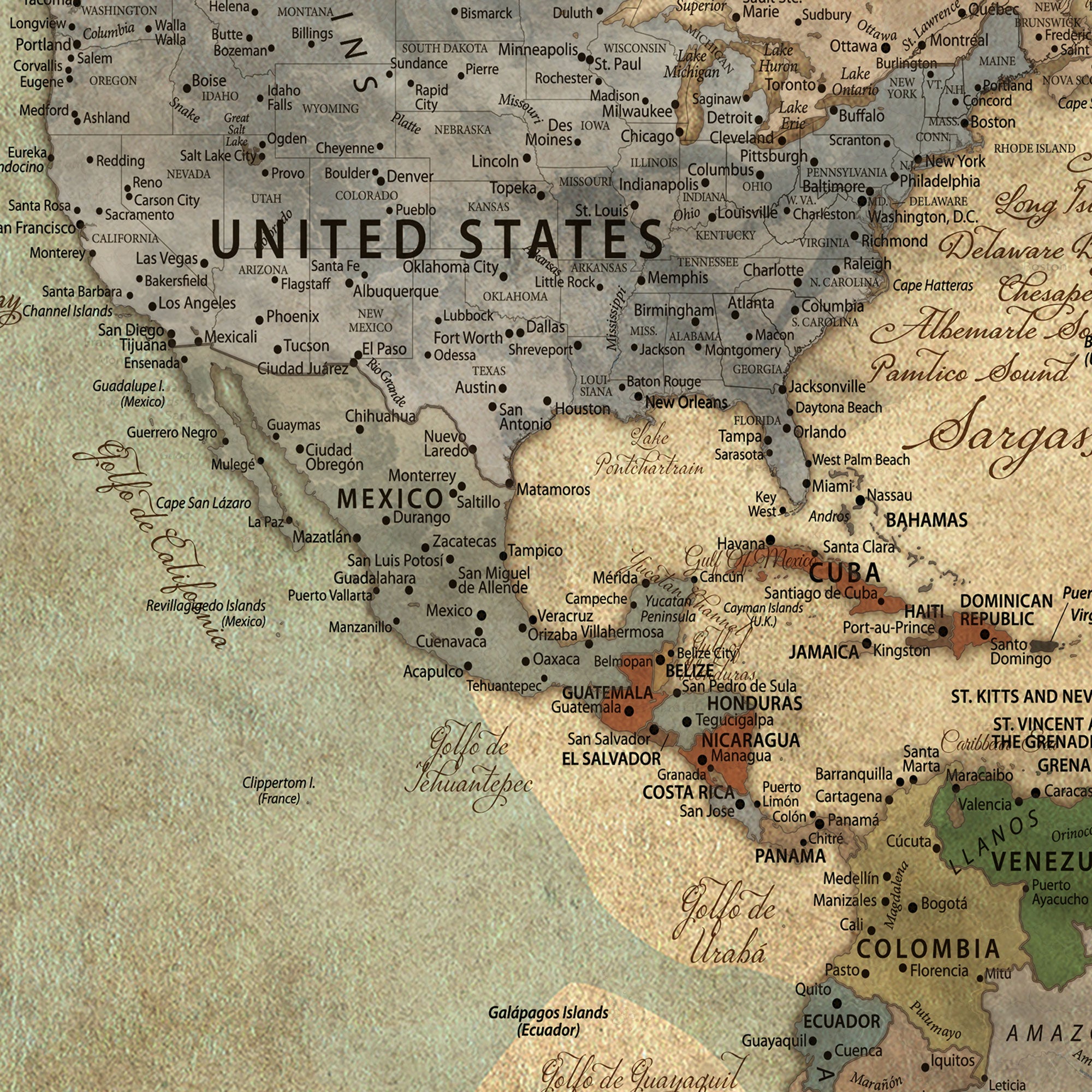 38092909-MGV-CV-36X24-Personalized World Map Canvas – Custom Framed Push Pin Travel Map Wall Art, Navy Blue Vintage Gift for Couples and Adventurers