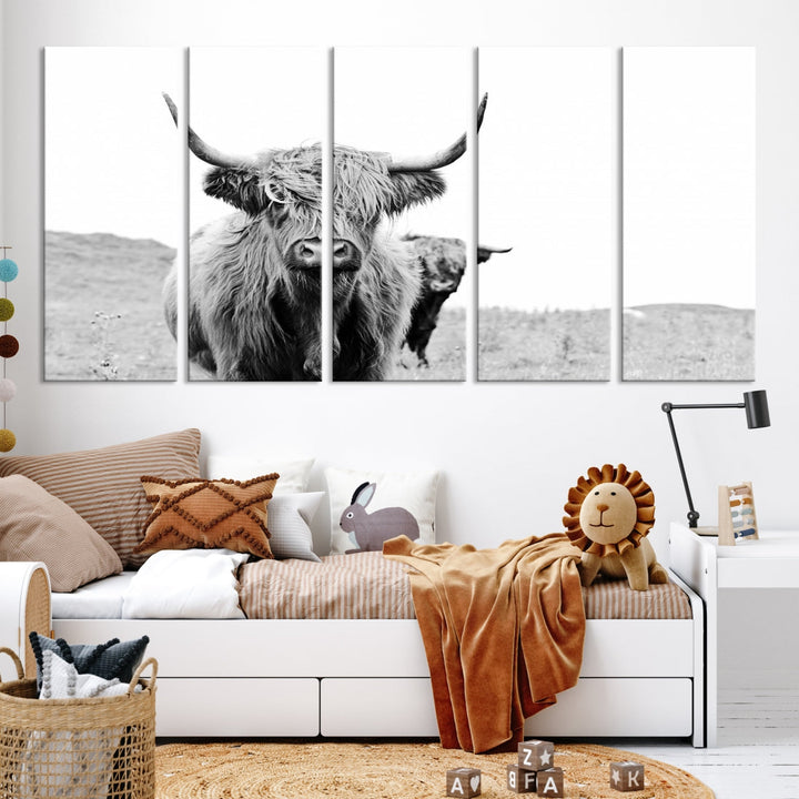Art mural de bétail des Highlands noir et blanc Impression sur toile
