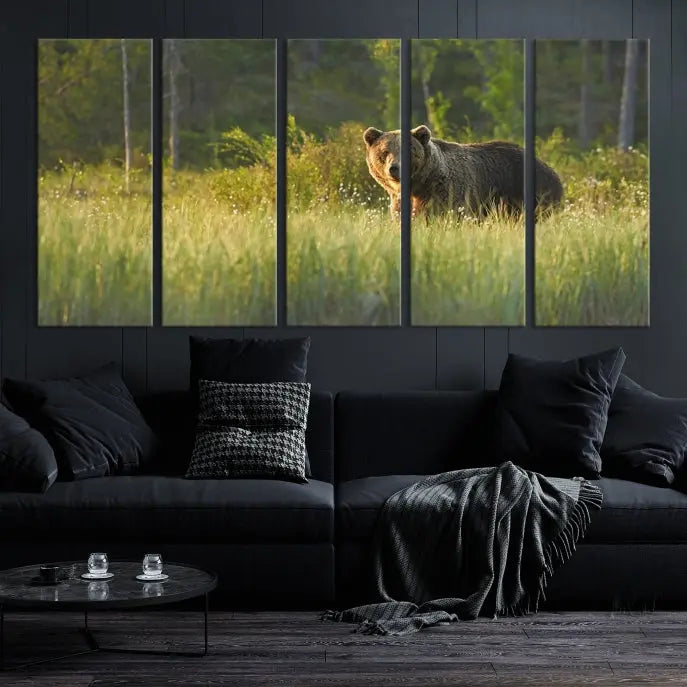 A museum-quality triptych wall art, titled "Wild Bears in Nature Canvas Print," elegantly decorates the living room.