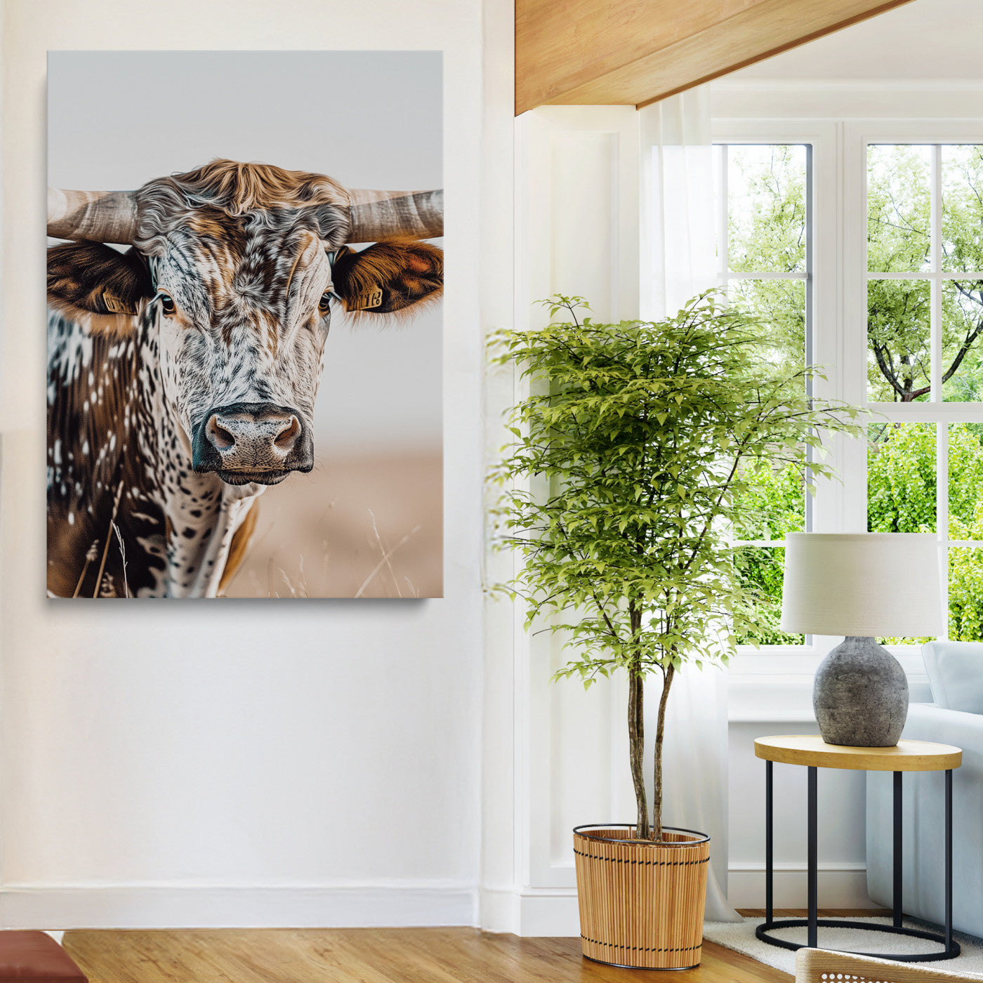 Texas Longhorn Wall Art Canvas Print, Framed Speckled Cow Art Picture Print, Horned Bull Perfect Rustic Western Decor, Texas Longhorn Canvas