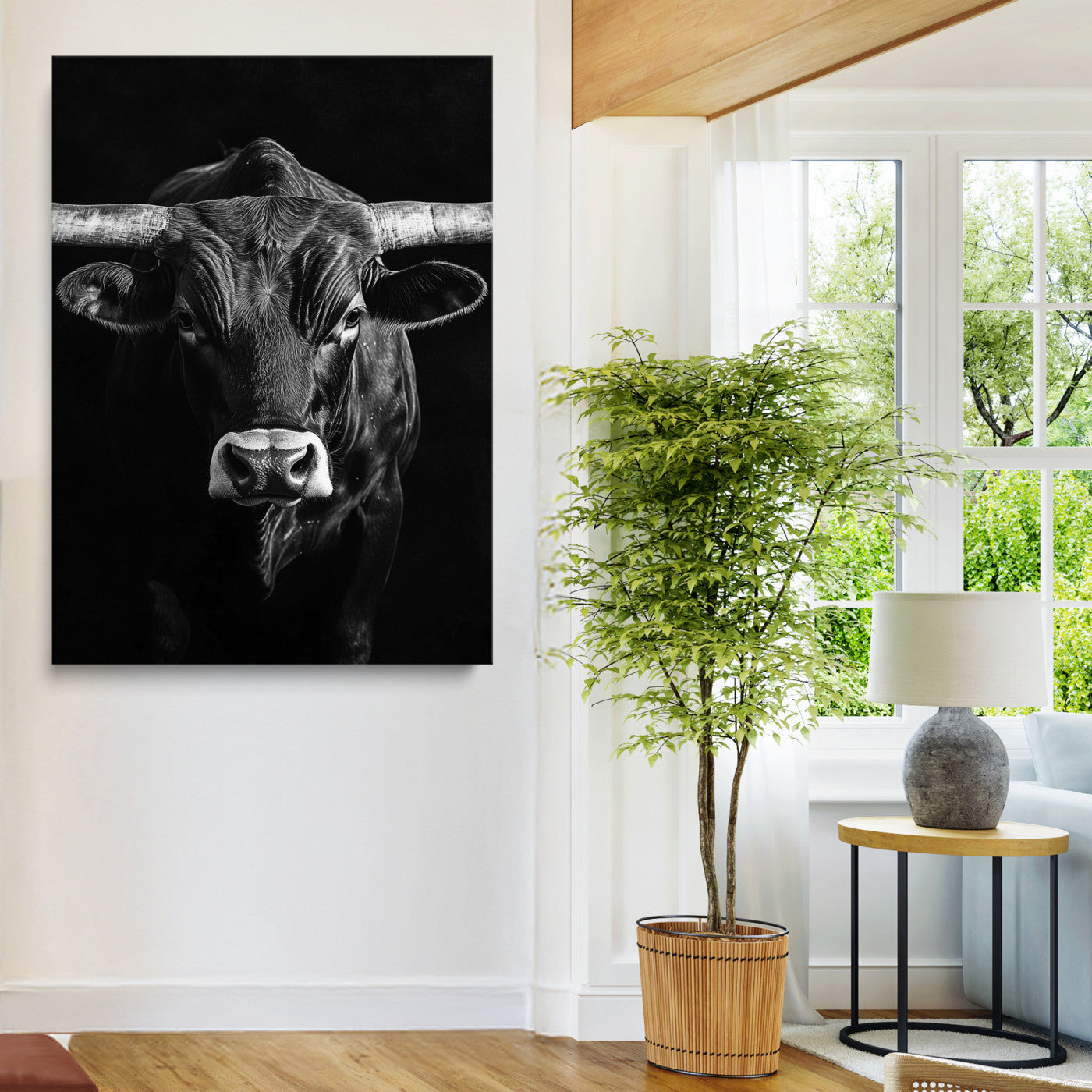 Texas Longhorn Wall Art Canvas Print, Framed Monochrome Bull Art Picture Print, Texas Bull Wall Art Canvas Print
