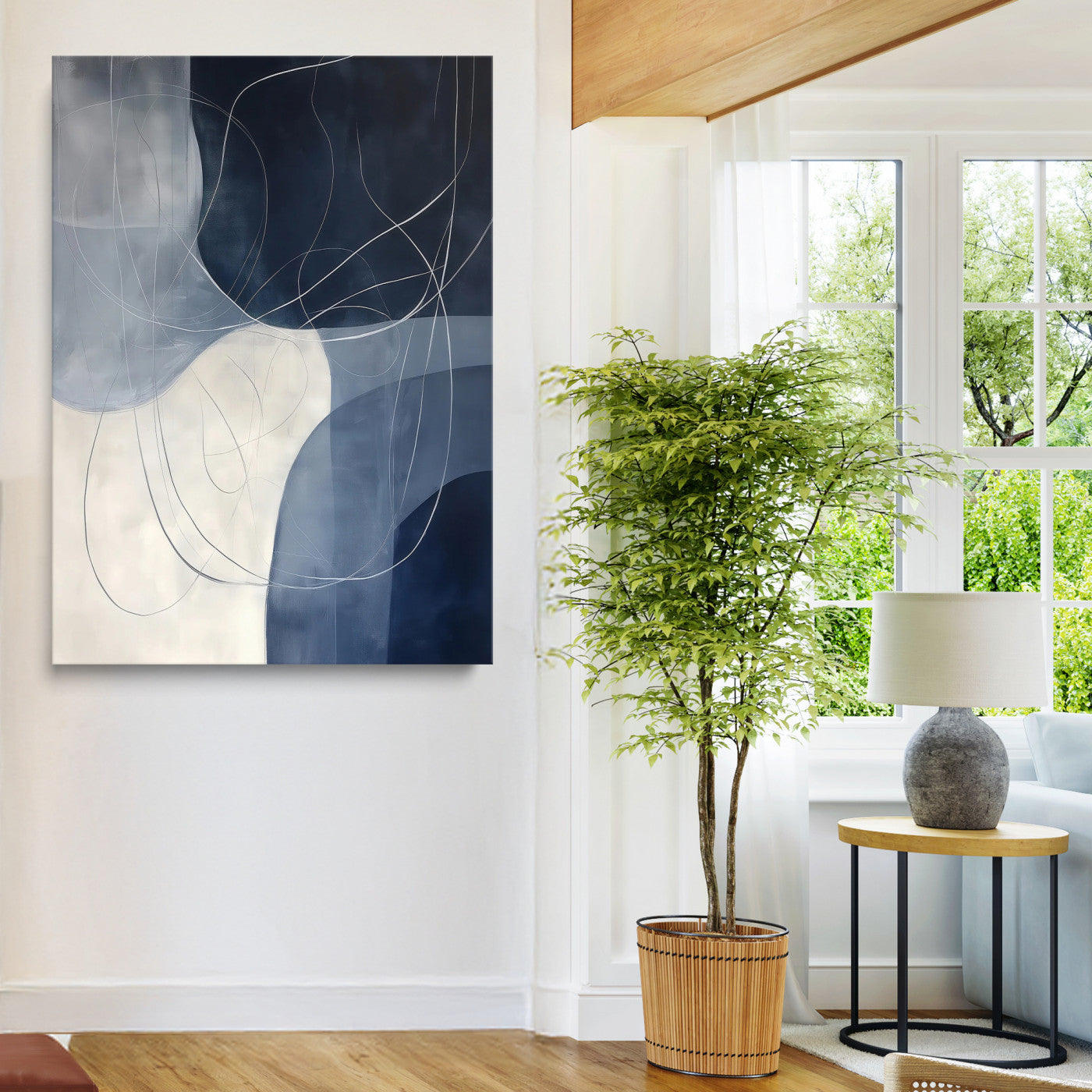 Navy Abstract Wall Art Canvas Print, Framed Minimal Lineart Art Picture Print, Abstract Shapes Perfect Minimalist Abstract Decor Artwork