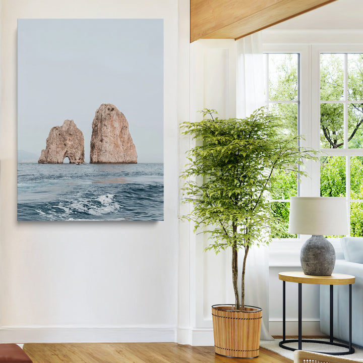 Faraglioni Capri Wall Art Canvas Print, Serene Ocean Print, Framed Mediterranean Coastal Art Print, Large Rocky Ocean Printing