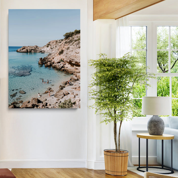 Turquoise Cove Wall Art Canvas Print, Ibiza Beach Print, Framed Mediterranean Shore Art Print, Large Clear Shoreline Printing Boho
