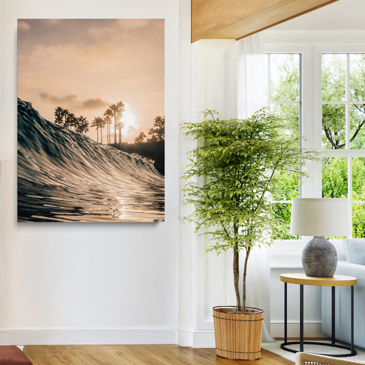 Golden Hour Ocean Wall Art Canvas Print, Tropical Beach Sunset Print, Framed Palm Tree Silhouettes Art Print, Large Warm Coastal