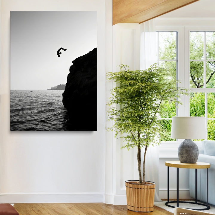 Cliff Jumping Wall Art Canvas Print, Black White Ocean Print, Framed Monochrome Cliff Dive Art Print, Large Coast Dive Printing,