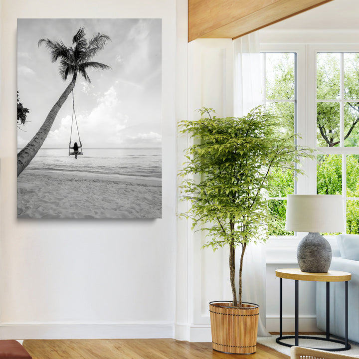 Black White Palm Tree Wall Art Canvas Print, Minimalist Beach Swing Print, Framed Monochrome Coastal Art Print, Large Tropical Ocean