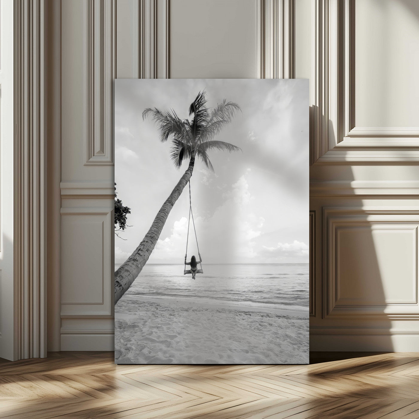 MGV-CV-24X36 - Black White Palm Tree Wall Art Canvas Print, Framed Minimalist Beach Swing Art Picture Print, Monochrome Coastal Perfect Minimalist Coastal Decor Artwork