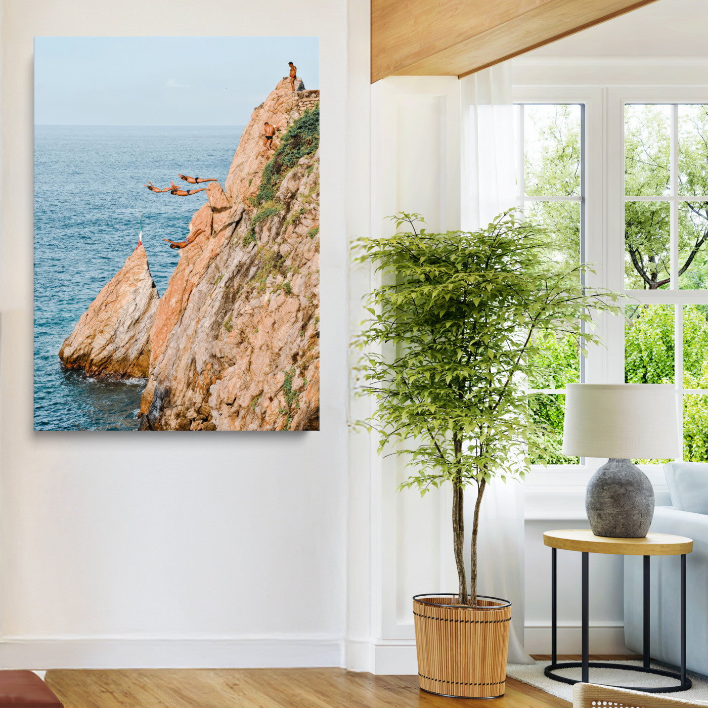 74527880-MGV-CV-36X24-Cliff Divers Wall Art Canvas Print, Framed Oceanfront Art Picture Print, Coastal Perfect Adventurous Decor