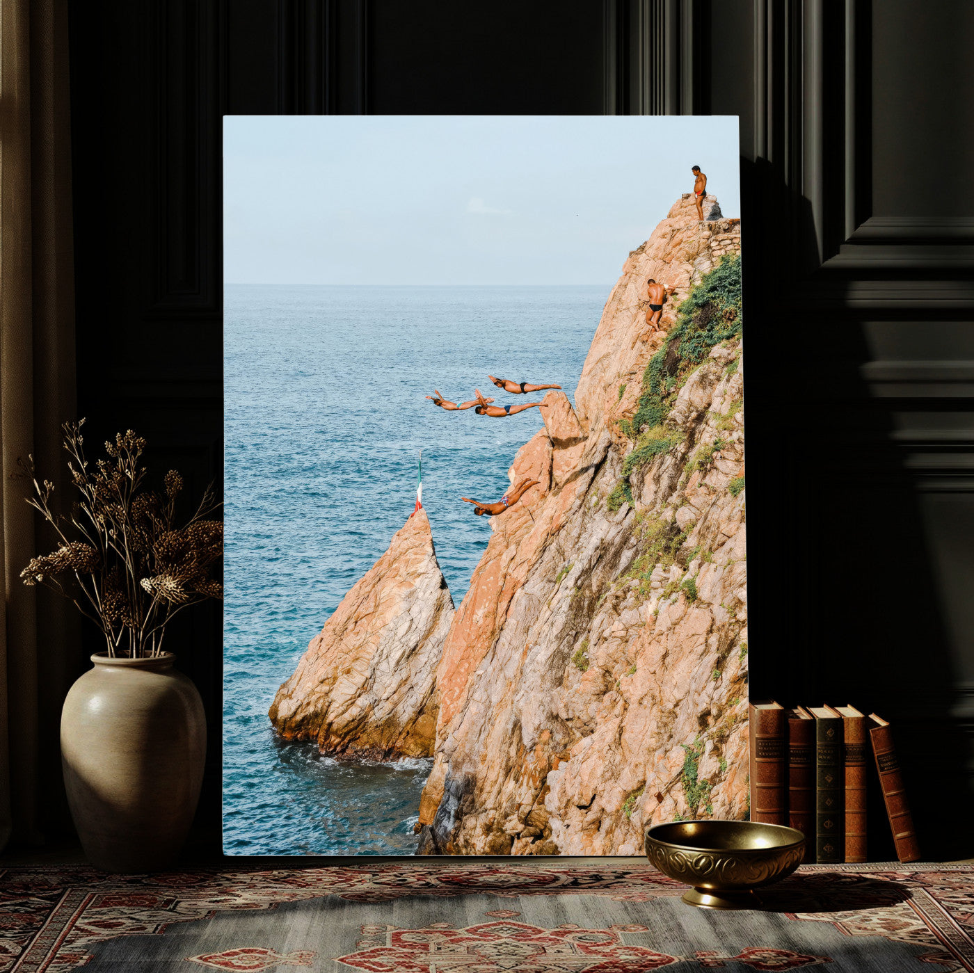 74527880-MGV-CV-24X36 - Cliff Dive Wall Art – Ocean Jump Canvas Print, Blue Sky Adventure, Waves & Rocks for Living Room or Extreme Sports Decor