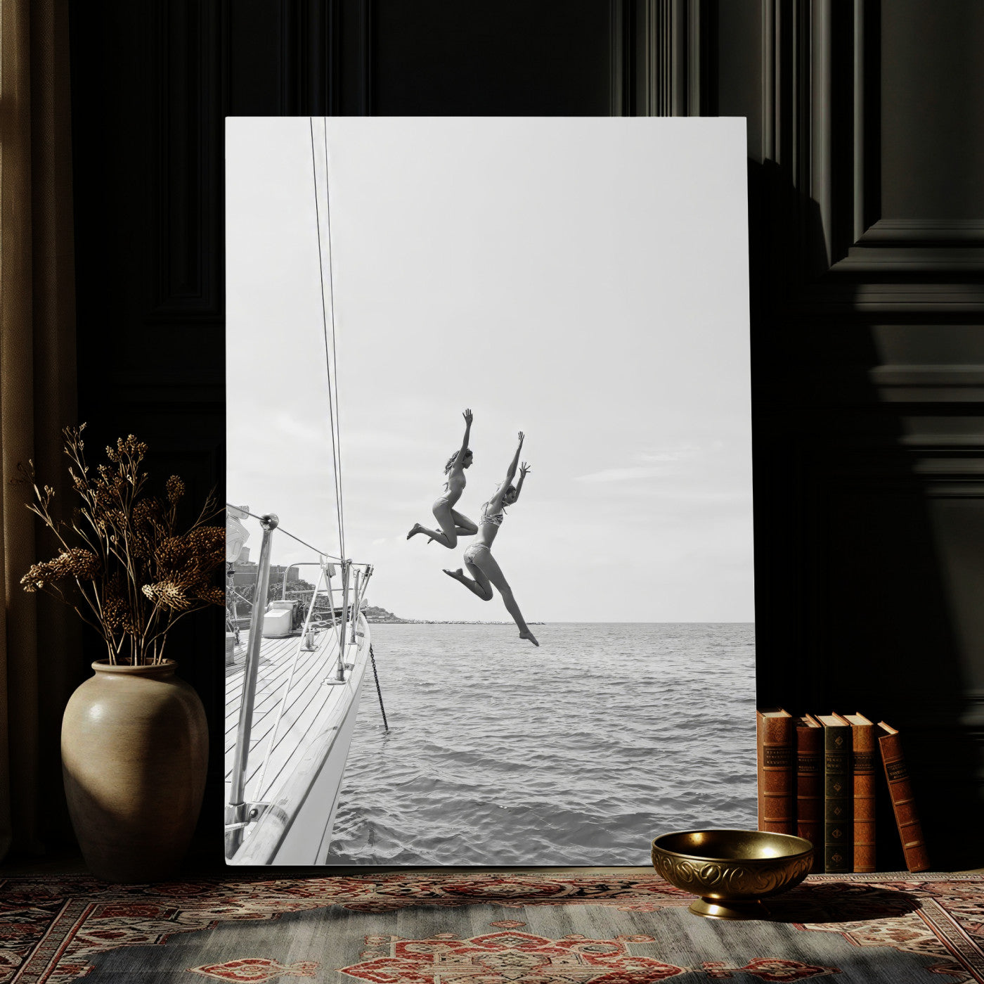 74555508-MGV-CV-24X36 - Ocean Dive Wall Art – Summer Splash Canvas Print, Waves & Sea Adventure, Black & White for Living Room or Vacation Home Decor