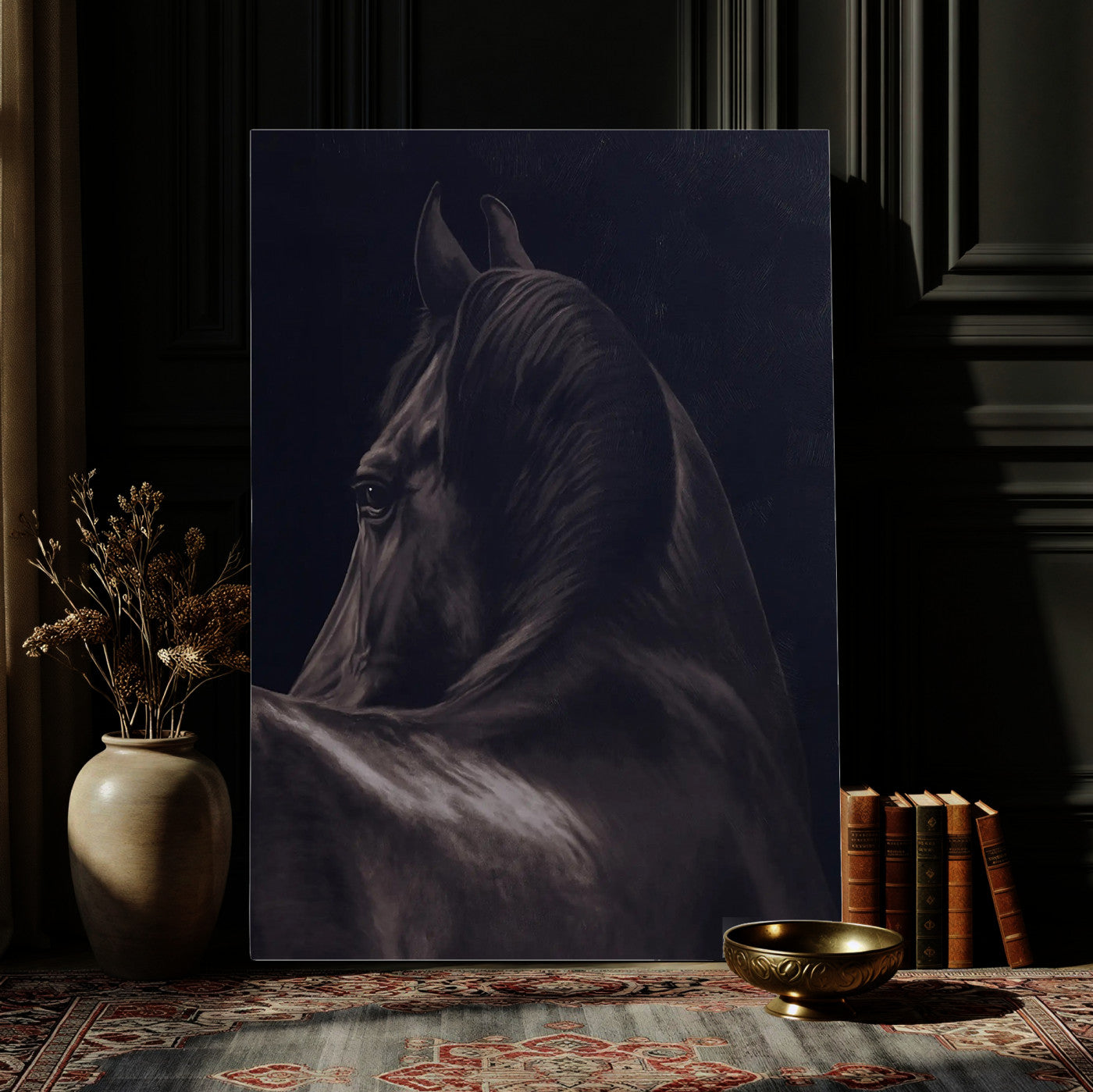 77538596-MGV-CV-24X36 - Dark Horse Wall Art – Majestic Silhouette Canvas Print, Sleek Mane, Graceful Strength, Elegant Equine Form, Timeless Beauty Decor for Home or Office