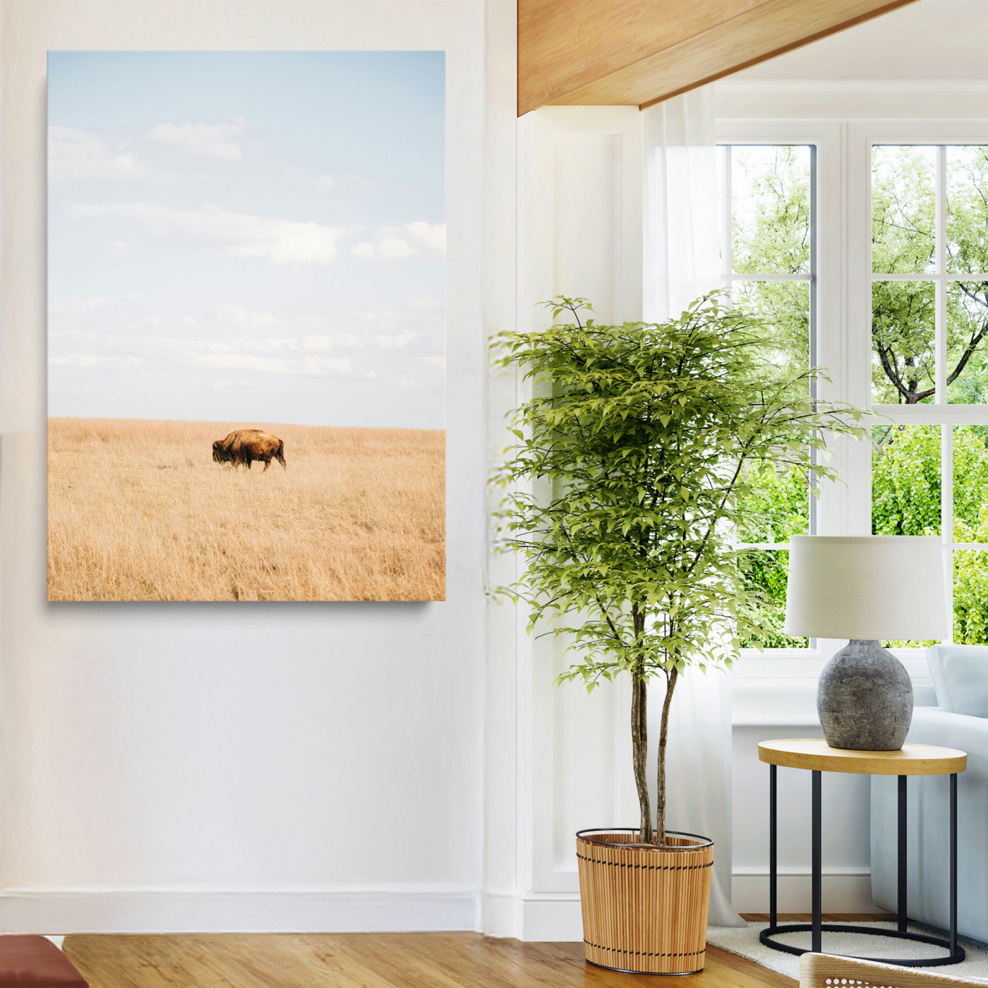 Minimalist Nature Wall Art Canvas Print, Framed Bison In Grassland Art Print, Open Field Perfect Modern Ranch Decor Decor Artwork