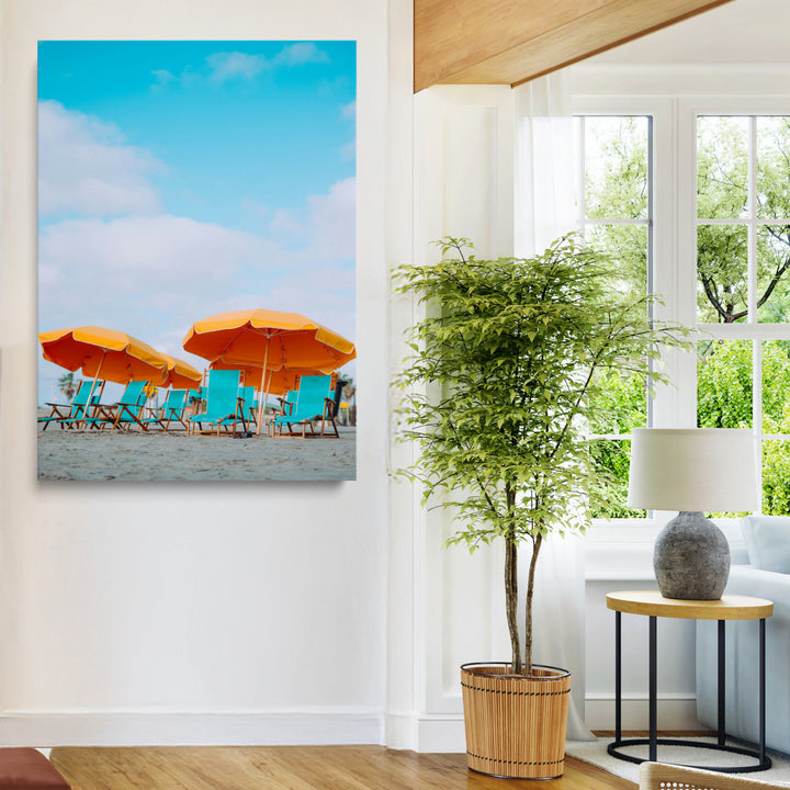 Beach Umbrellas Wall Art Canvas Print, Framed Coastal Vibes Art Picture Print, Tropical Paradise Perfect Coastal Boho Decor Artwork