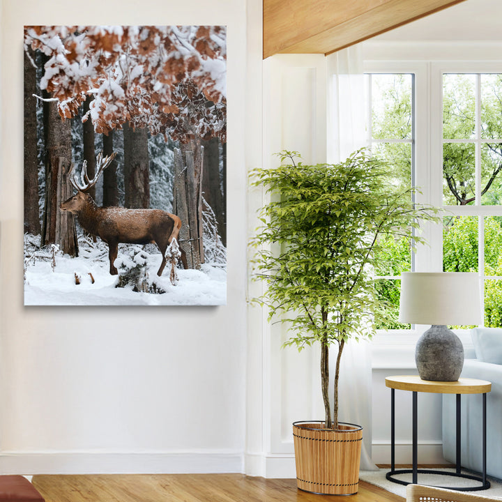 Serene Landscape Wall Art Canvas Print, Framed Winter Wonderland Art Picture Print, Winter Deer Canvas Perfect Rustic Cabin Decor Artwork