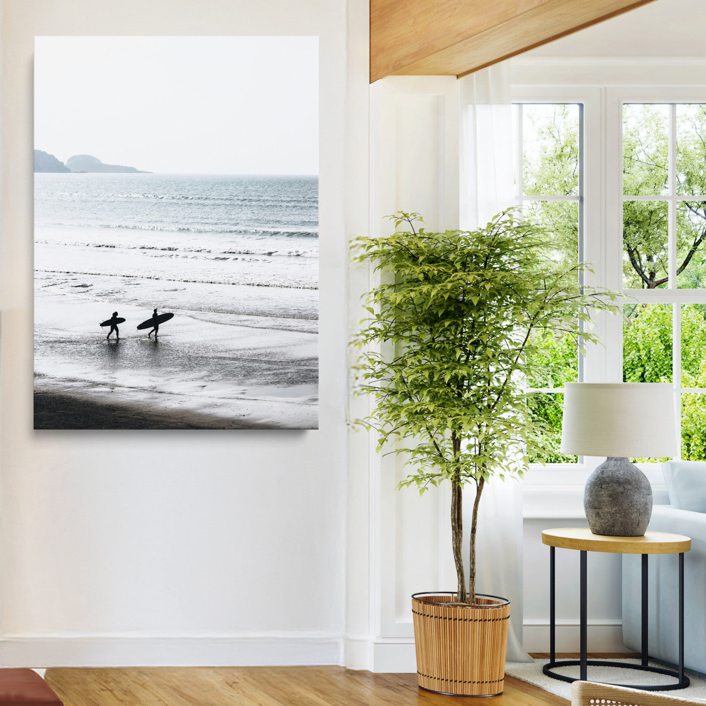 Surfer Silhouettes Wall Art Canvas Print, Framed Minimalist Ocean Art Picture Print