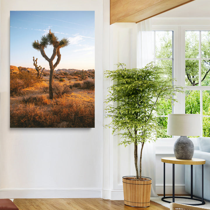 Framed Joshua Tree Print, Golden Hour Desert Print, Framed Sunset Glow Art Print, Large Arid Terrain Printing Southwestern